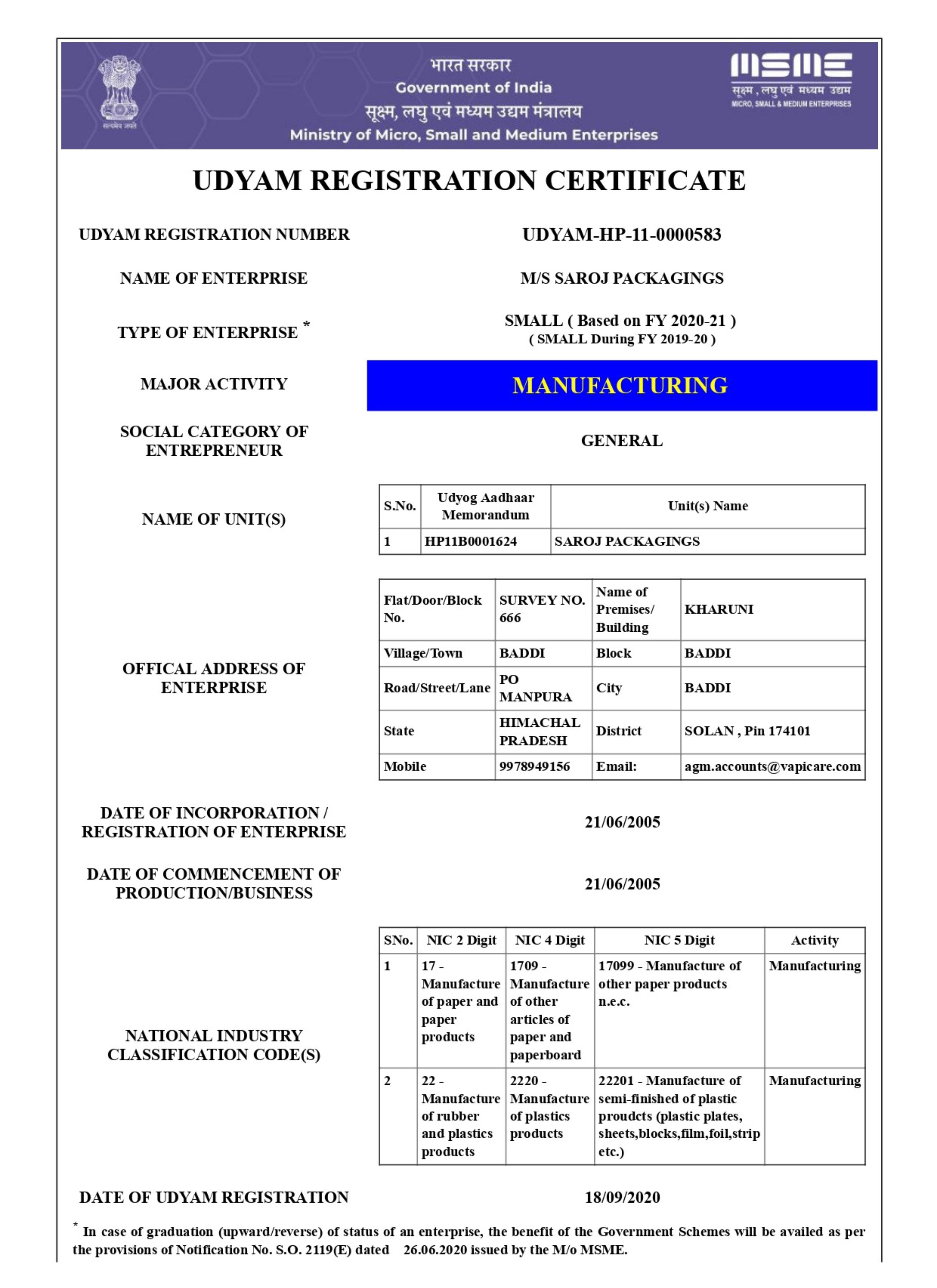 MSME Saroj certificate